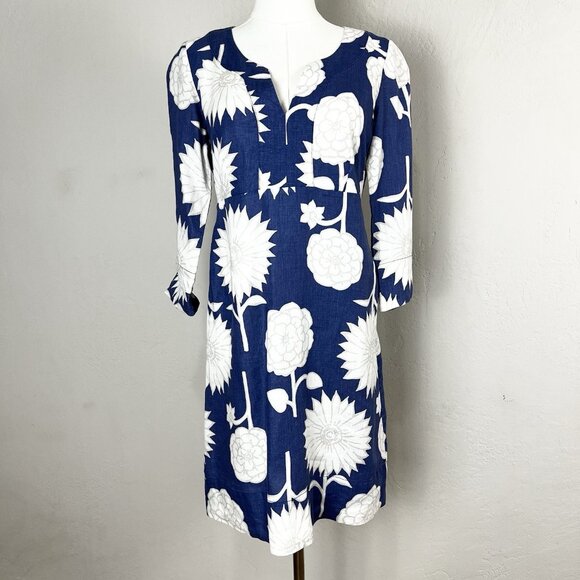BODEN 100% Linen Blue Floral 3/4 Sleeve Tunic Knee Length Dress Size UK 8 US 4 - Picture 1 of 14